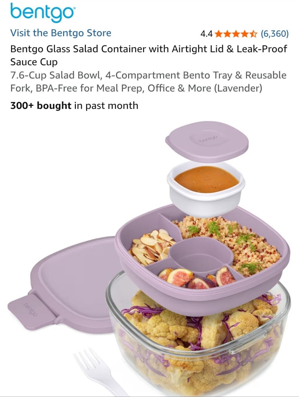 Bentgo Lavender Glass Salad Container with Airtight Lid & Leak-Proof Sauce Cup